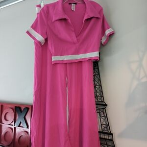 Pink Short Sleeve Jumpsuit with White Trim